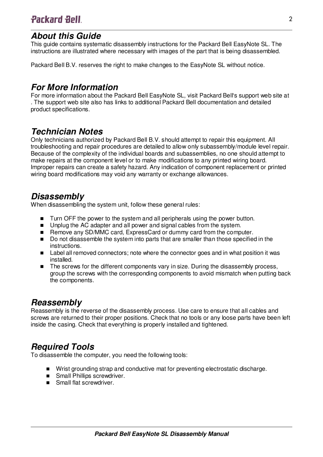 Packard Bell SL manual About this Guide, For More Information, Technician Notes, Disassembly, Reassembly, Required Tools 