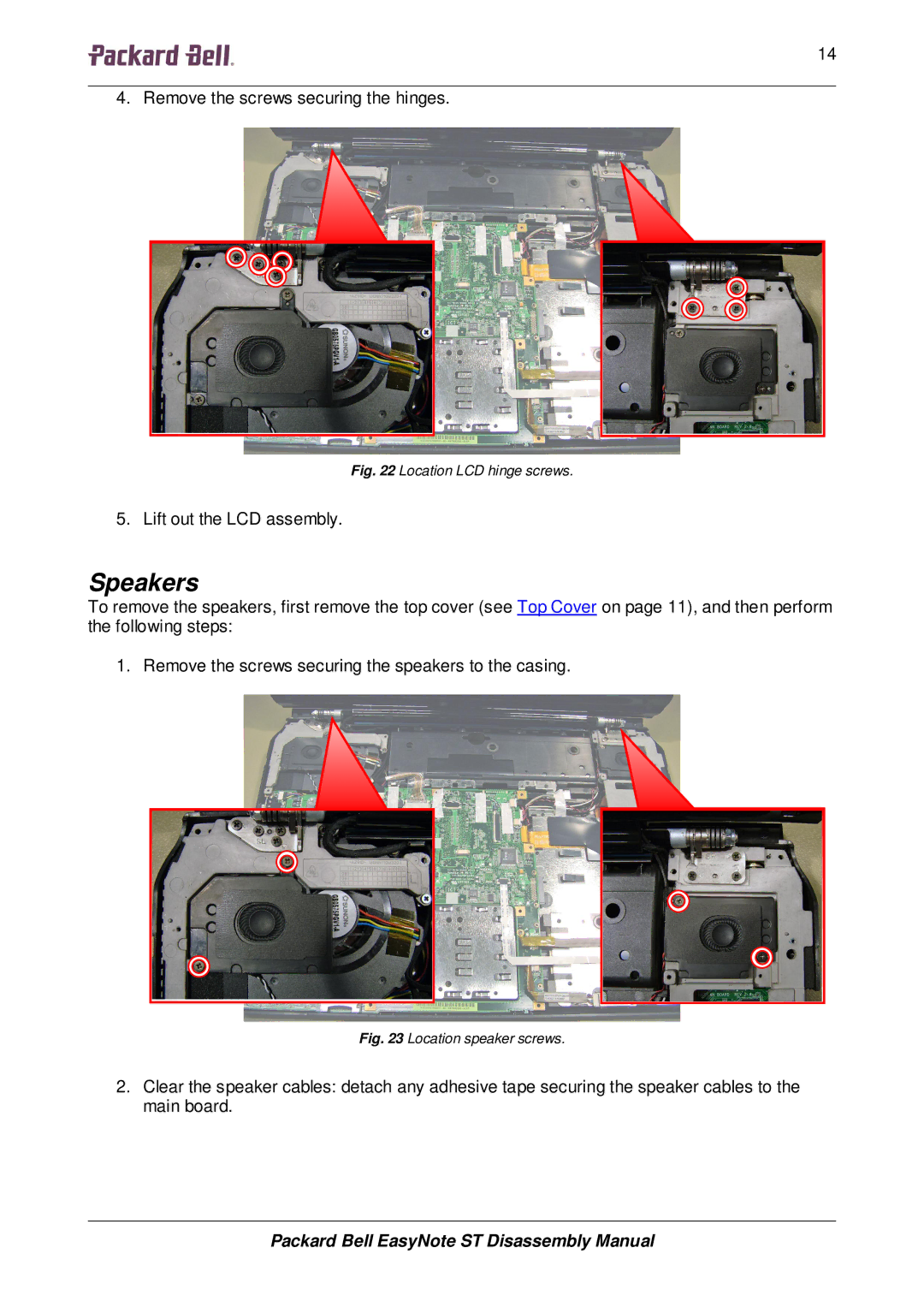 Packard Bell ST manual Speakers, Location LCD hinge screws 