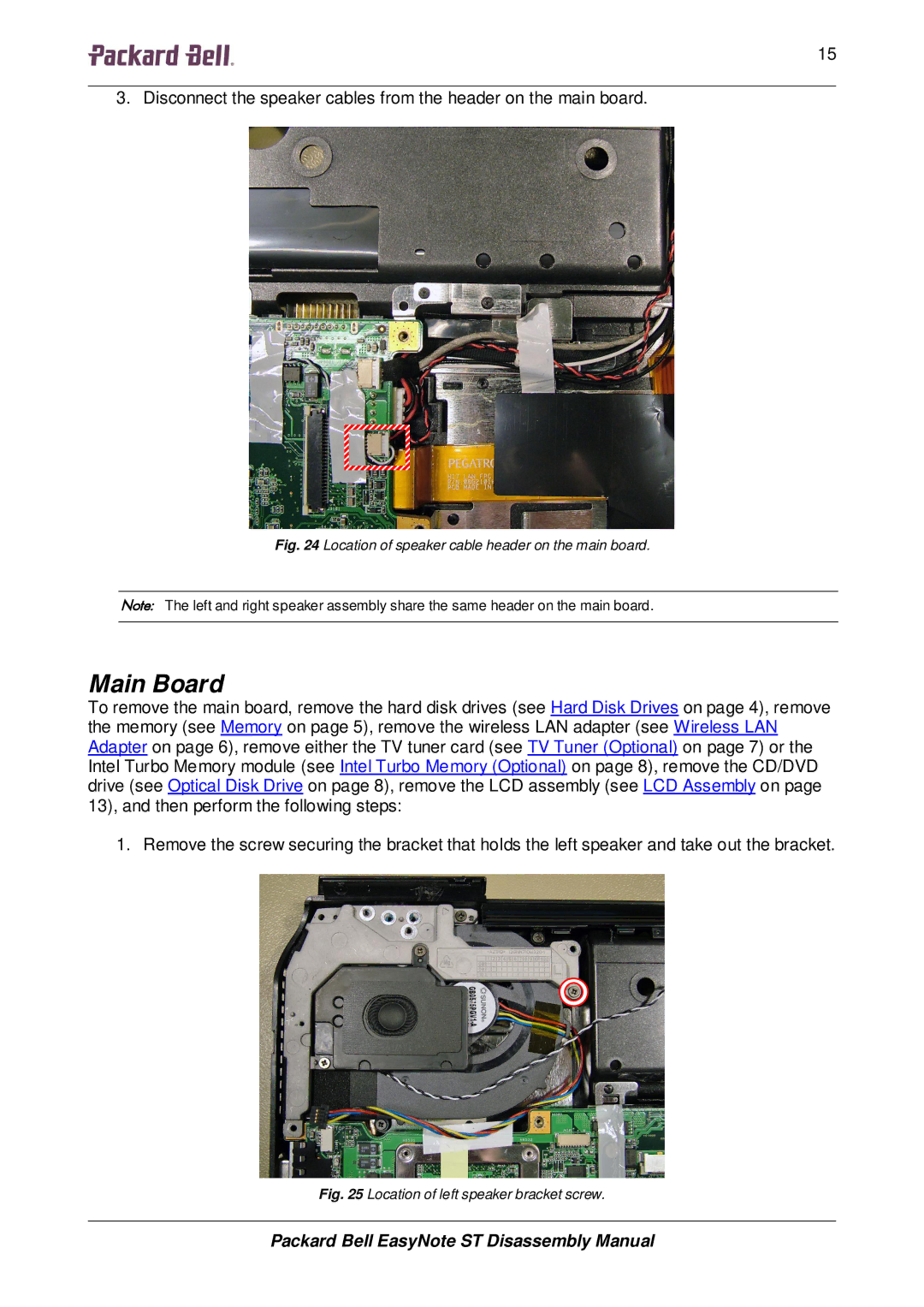 Packard Bell ST manual Main Board, Location of speaker cable header on the main board 