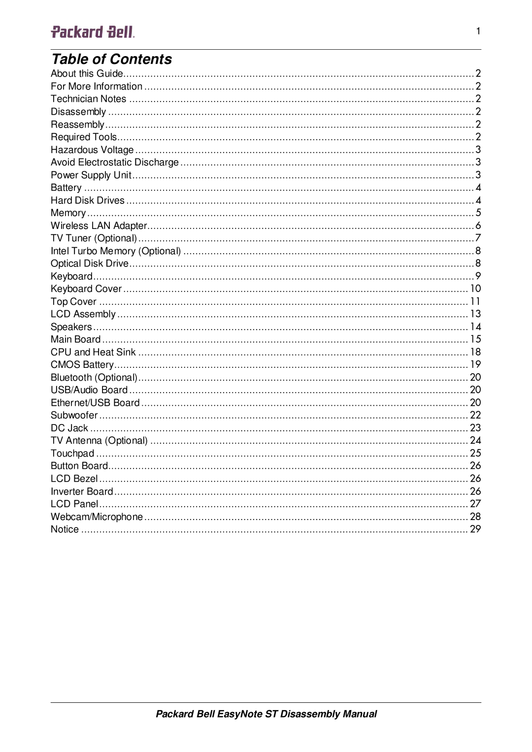 Packard Bell ST manual Table of Contents 