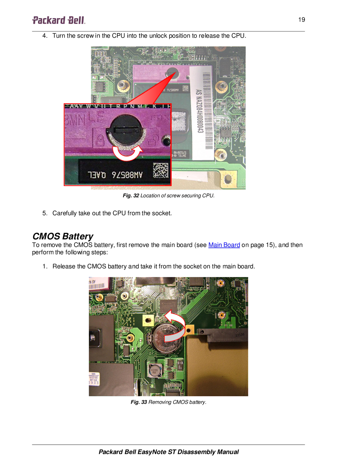 Packard Bell ST manual Cmos Battery, Location of screw securing CPU 