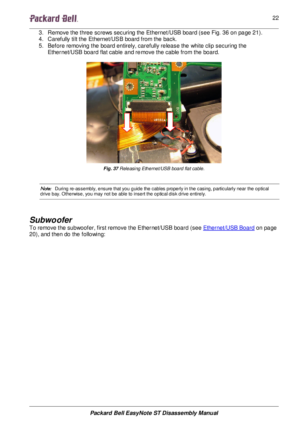 Packard Bell ST manual Subwoofer, Releasing Ethernet/USB board flat cable 