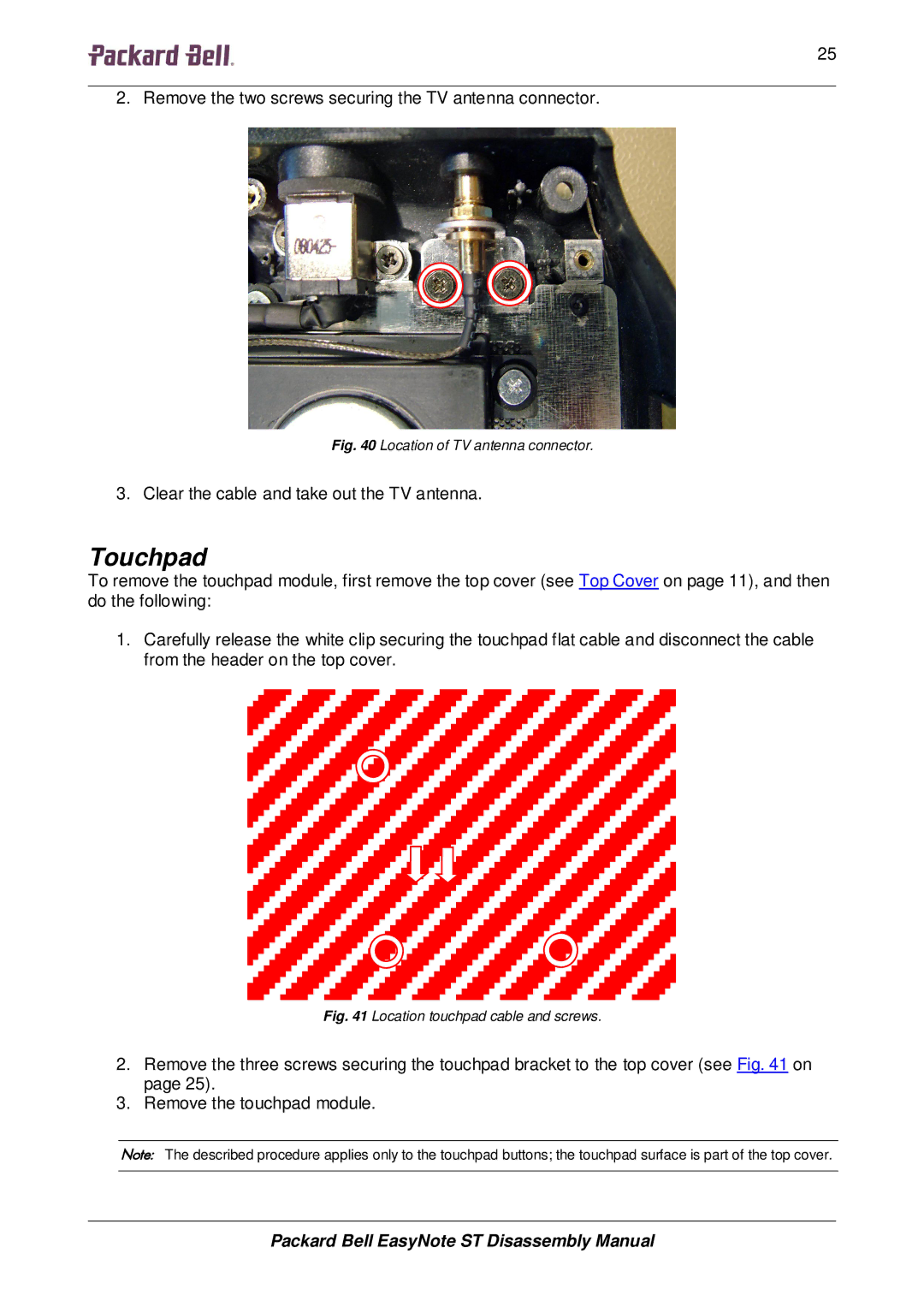 Packard Bell ST manual Touchpad, Location of TV antenna connector 