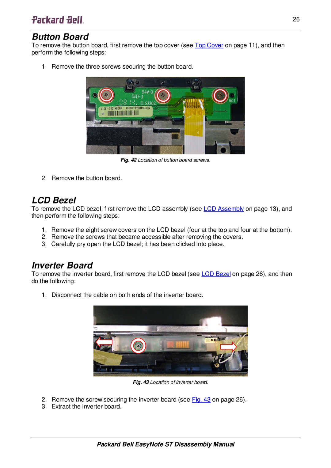 Packard Bell ST manual Button Board, LCD Bezel, Inverter Board 