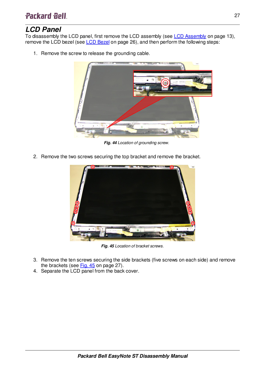 Packard Bell ST manual LCD Panel, Location of grounding screw 