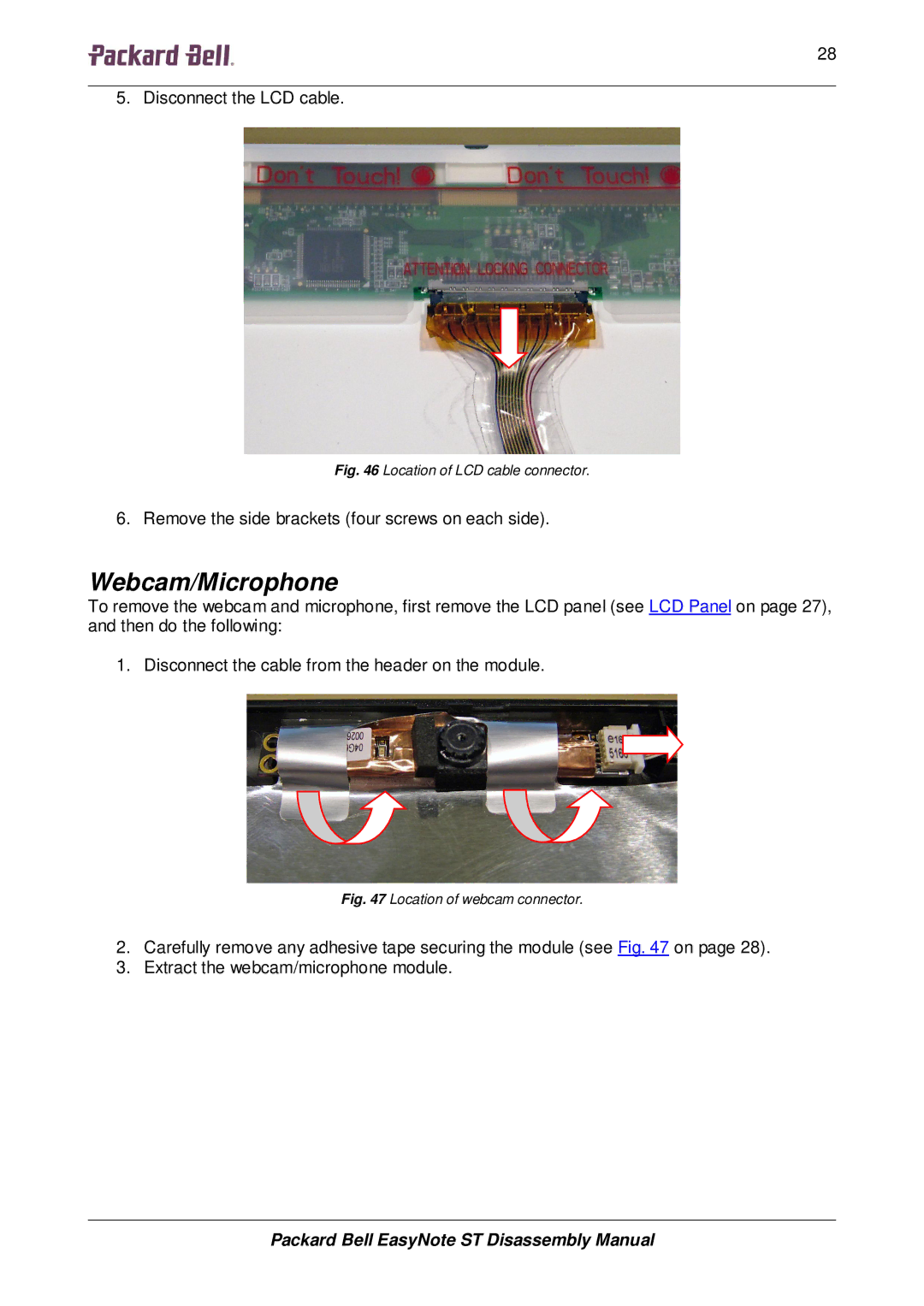 Packard Bell ST manual Webcam/Microphone, Location of LCD cable connector 