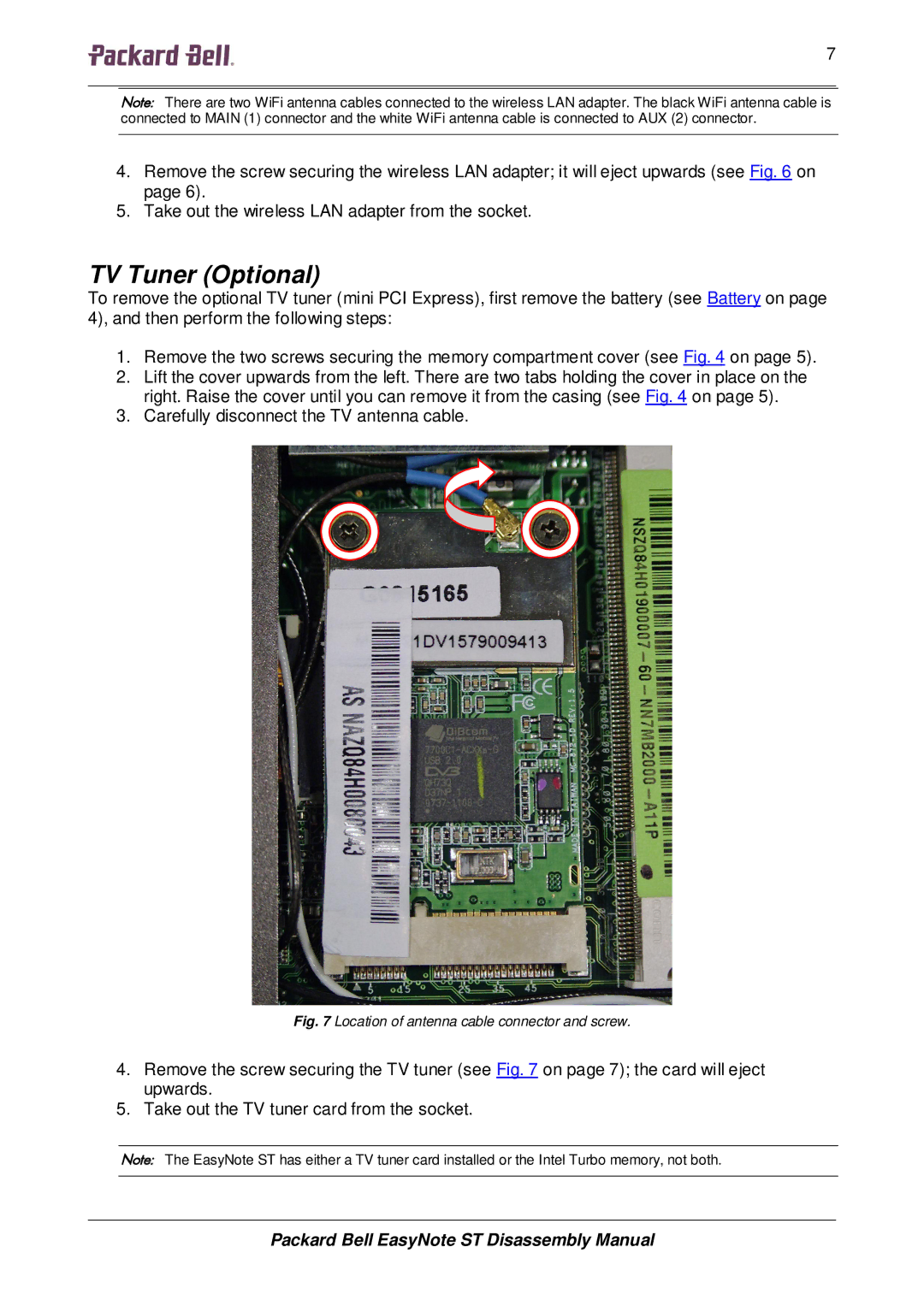 Packard Bell ST manual TV Tuner Optional, Location of antenna cable connector and screw 