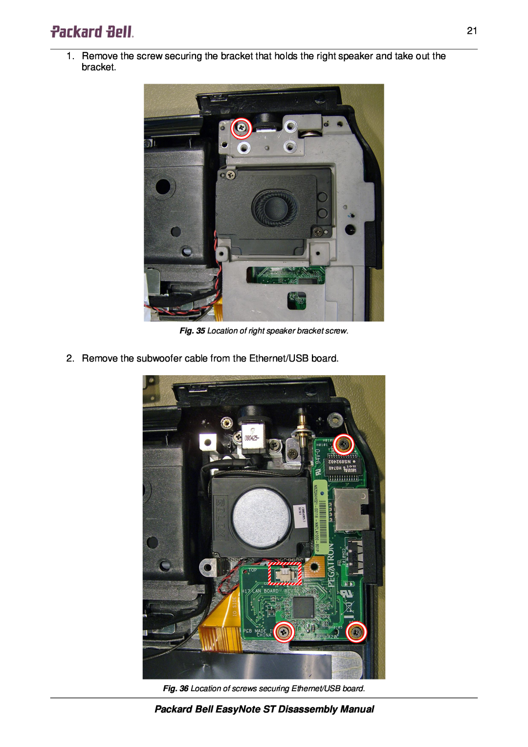 Packard Bell ST manual 2121212121, Remove the subwoofer cable from the Ethernet/USB board 
