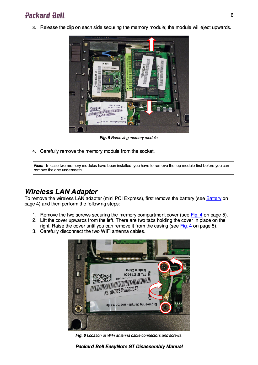 Packard Bell manual Wireless LAN Adapter, Packard Bell EasyNote ST Disassembly Manual, Removing memory module 