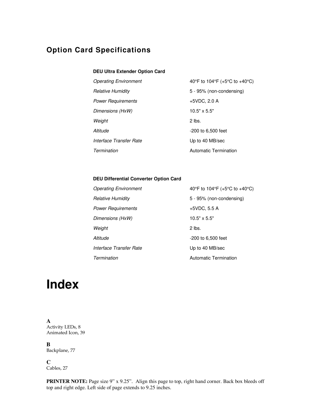 Packard Bell ST8000, 5800 manual Option Card Specifications, DEU Ultra Extender Option Card 