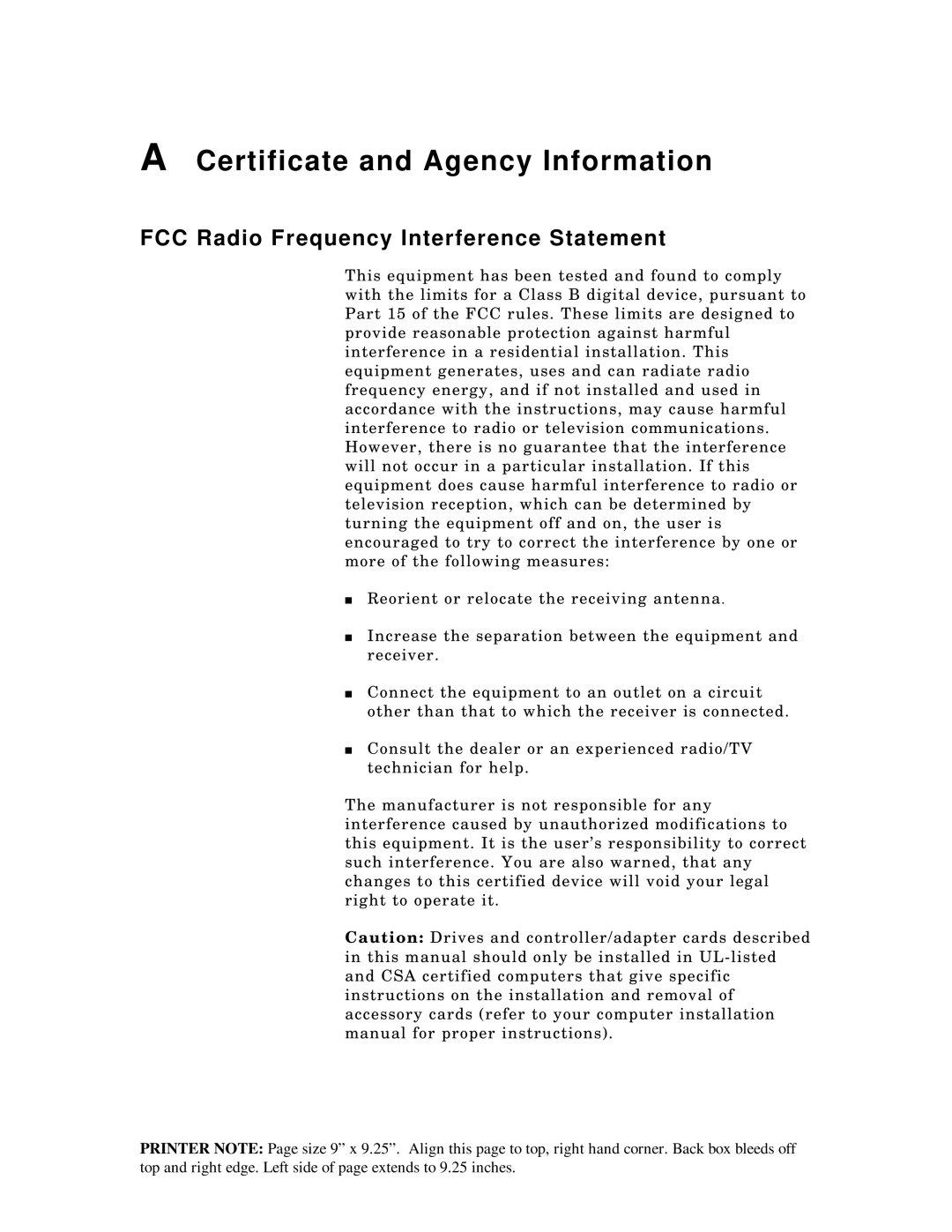 Packard Bell 5800, ST8000 manual Certificate and Agency Information, FCC Radio Frequency Interference Statement 