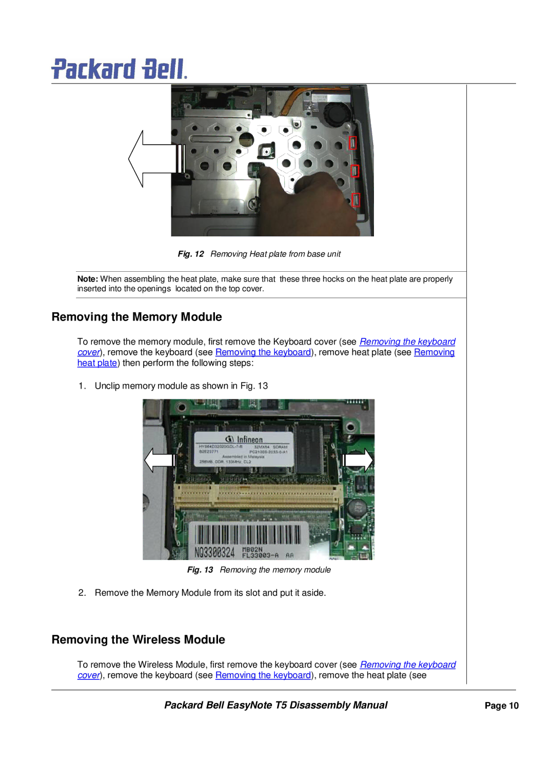 Packard Bell T5 manual Removing the Memory Module, Removing the Wireless Module 