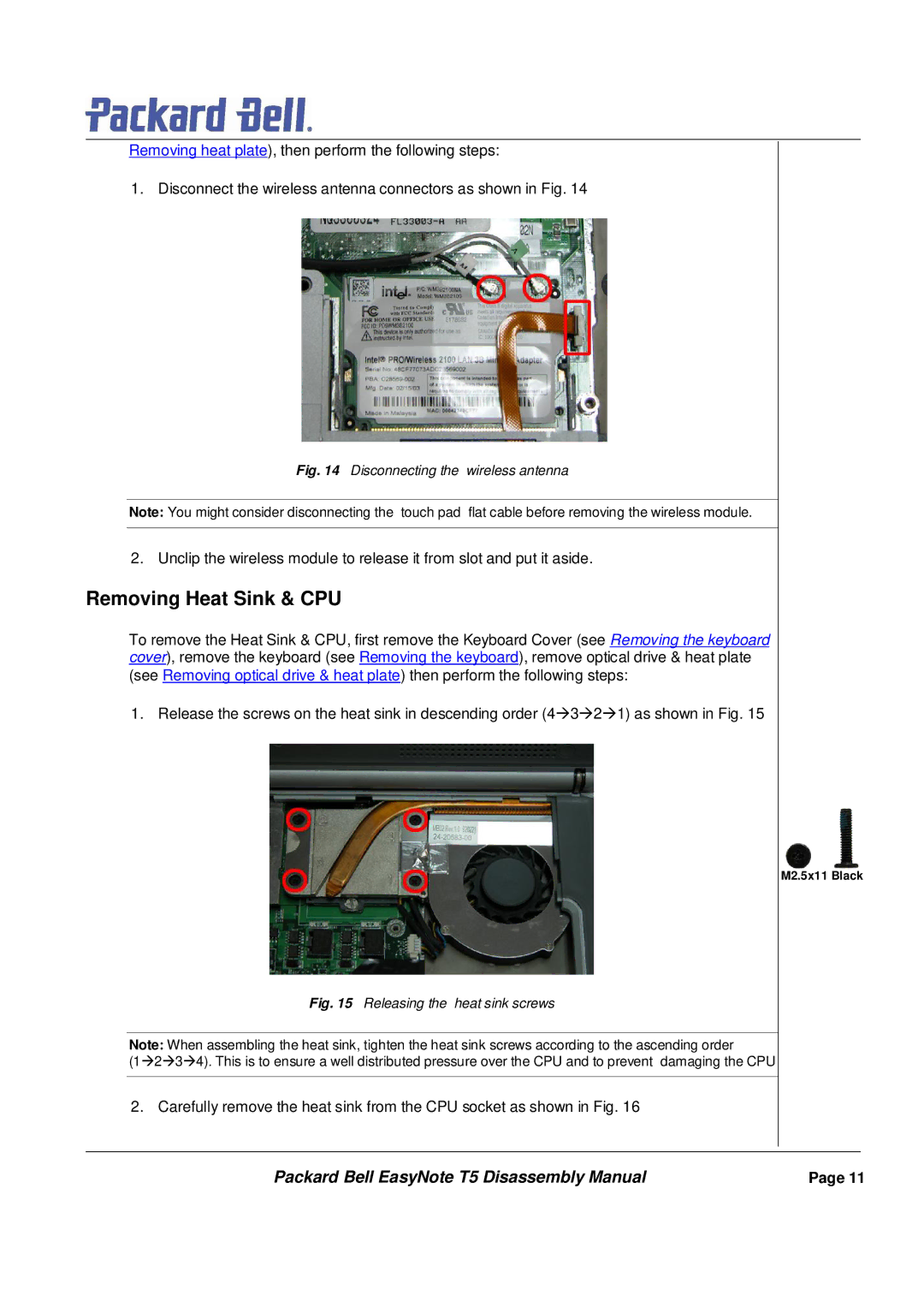 Packard Bell T5 manual Removing Heat Sink & CPU, Disconnecting the wireless antenna 