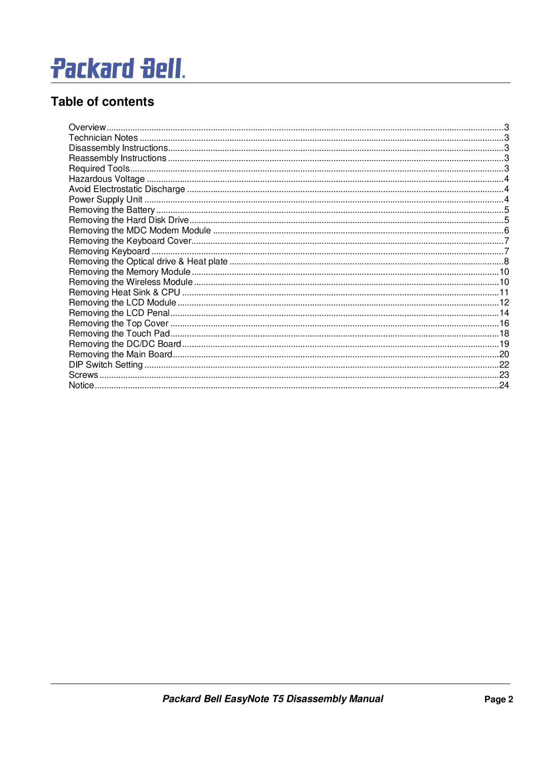 Packard Bell T5 manual Table of contents 