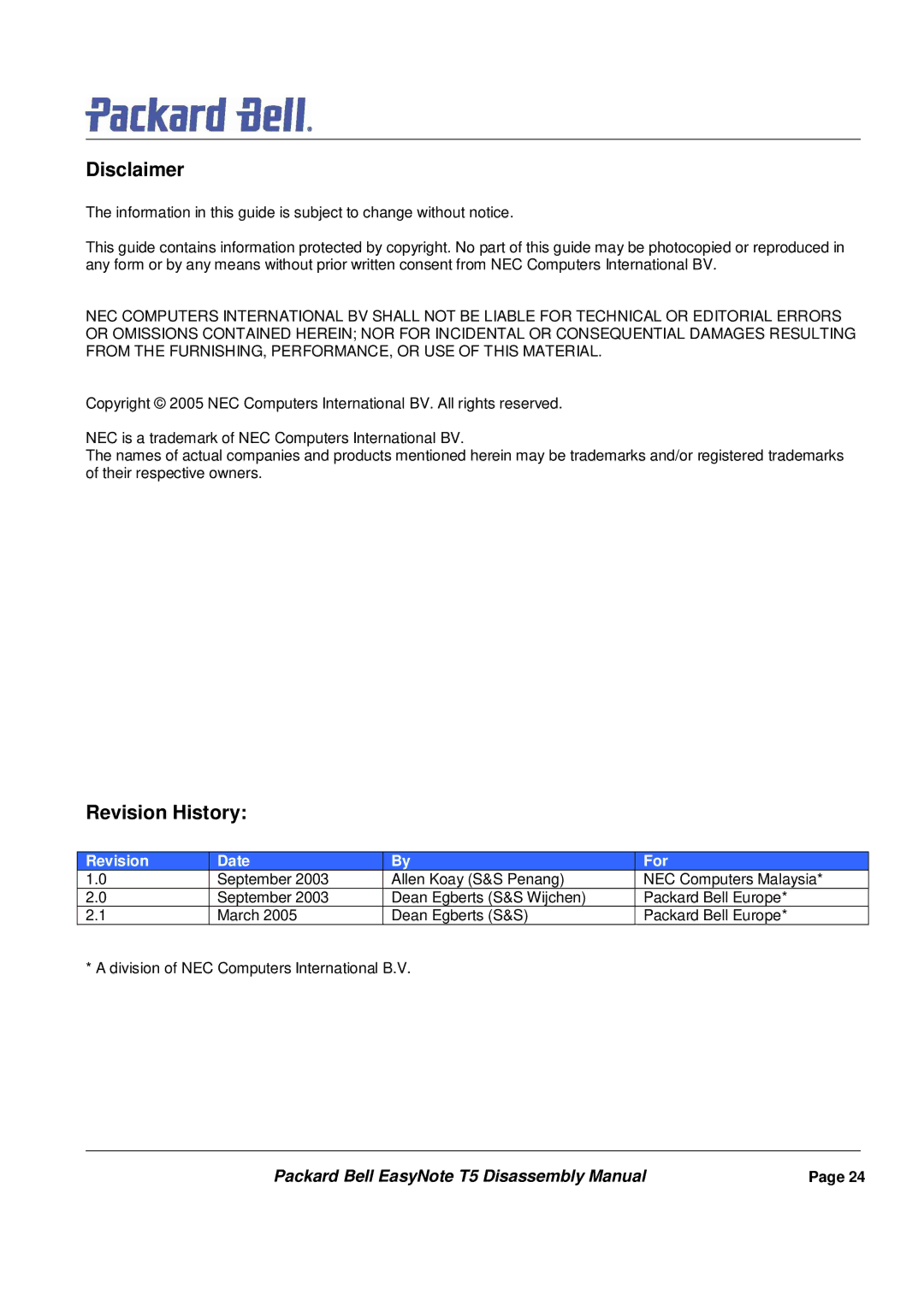 Packard Bell T5 manual Disclaimer, Revision History 