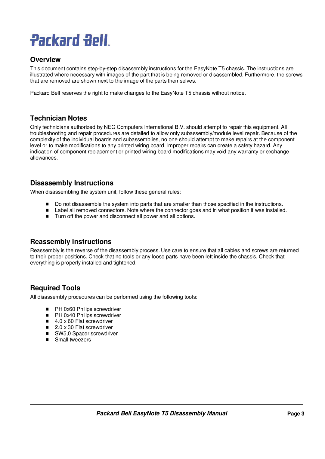 Packard Bell T5 manual Overview, Technician Notes, Disassembly Instructions, Reassembly Instructions, Required Tools 