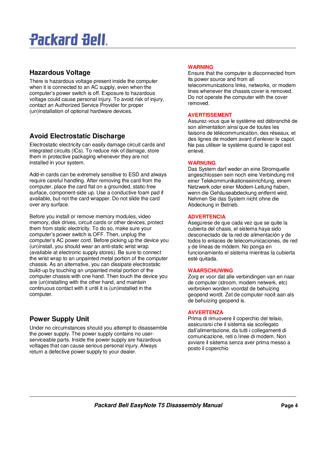 Packard Bell T5 manual Hazardous Voltage, Avoid Electrostatic Discharge, Power Supply Unit 