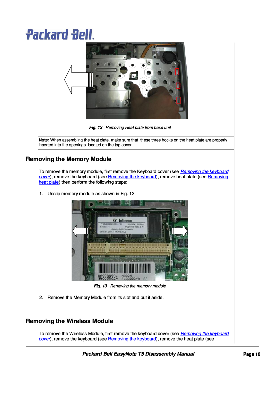 Packard Bell Removing the Memory Module, Removing the Wireless Module, Packard Bell EasyNote T5 Disassembly Manual 