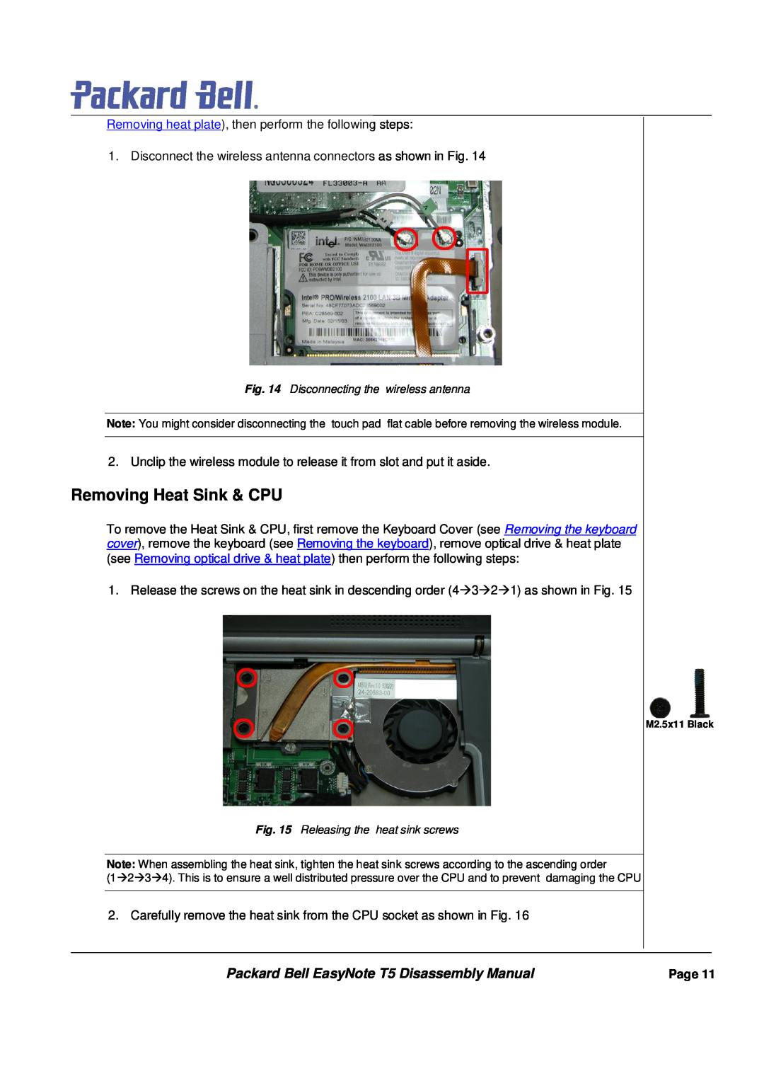 Packard Bell manual Removing Heat Sink & CPU, Packard Bell EasyNote T5 Disassembly Manual 