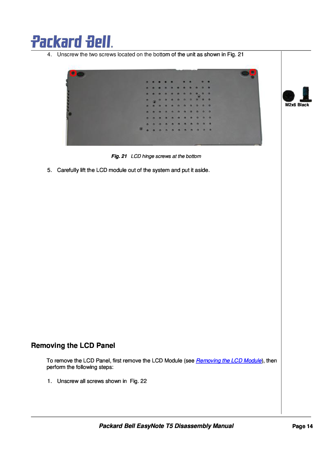 Packard Bell manual Removing the LCD Panel, Packard Bell EasyNote T5 Disassembly Manual 