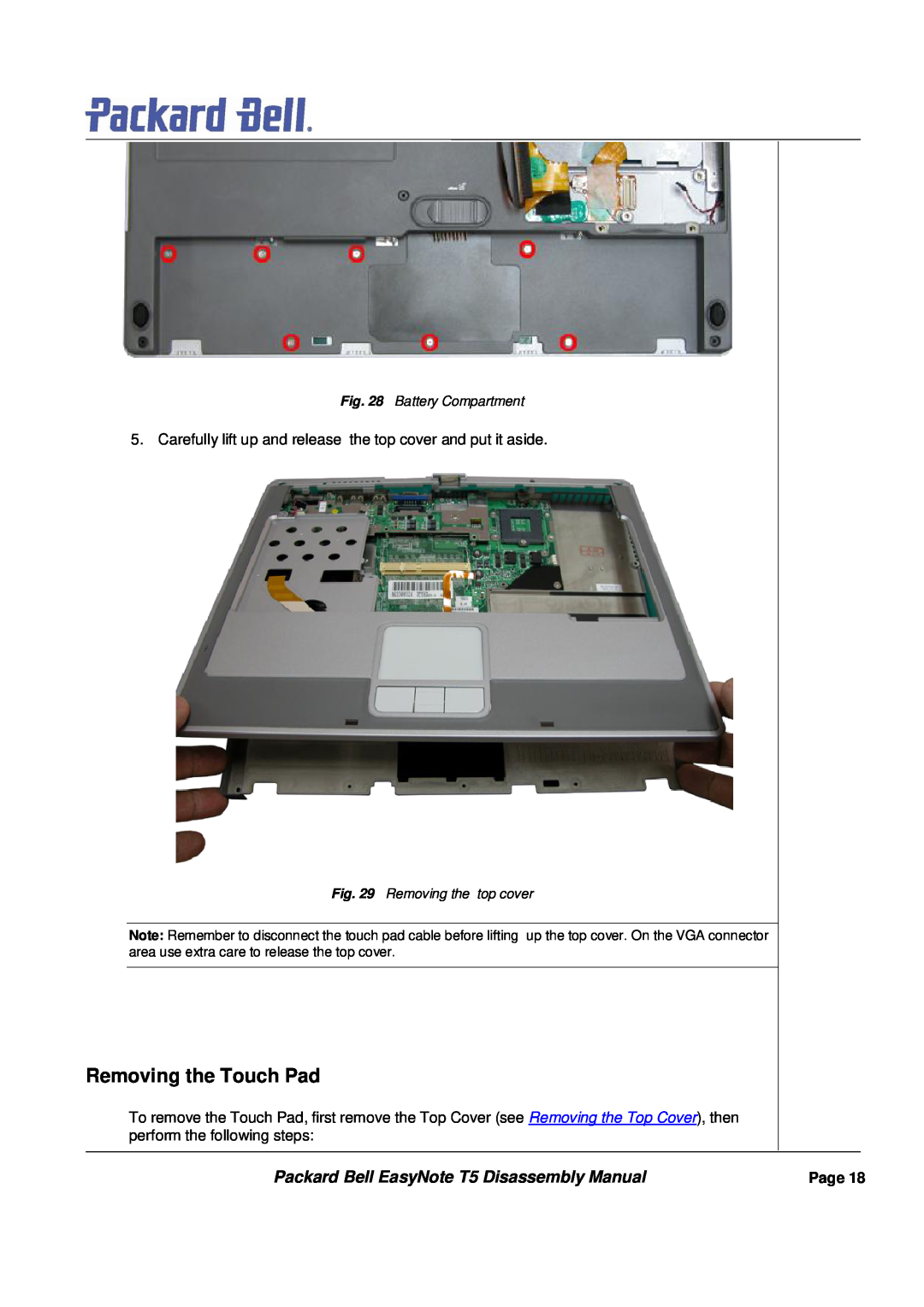Packard Bell manual Removing the Touch Pad, Packard Bell EasyNote T5 Disassembly Manual, Battery Compartment, Page 