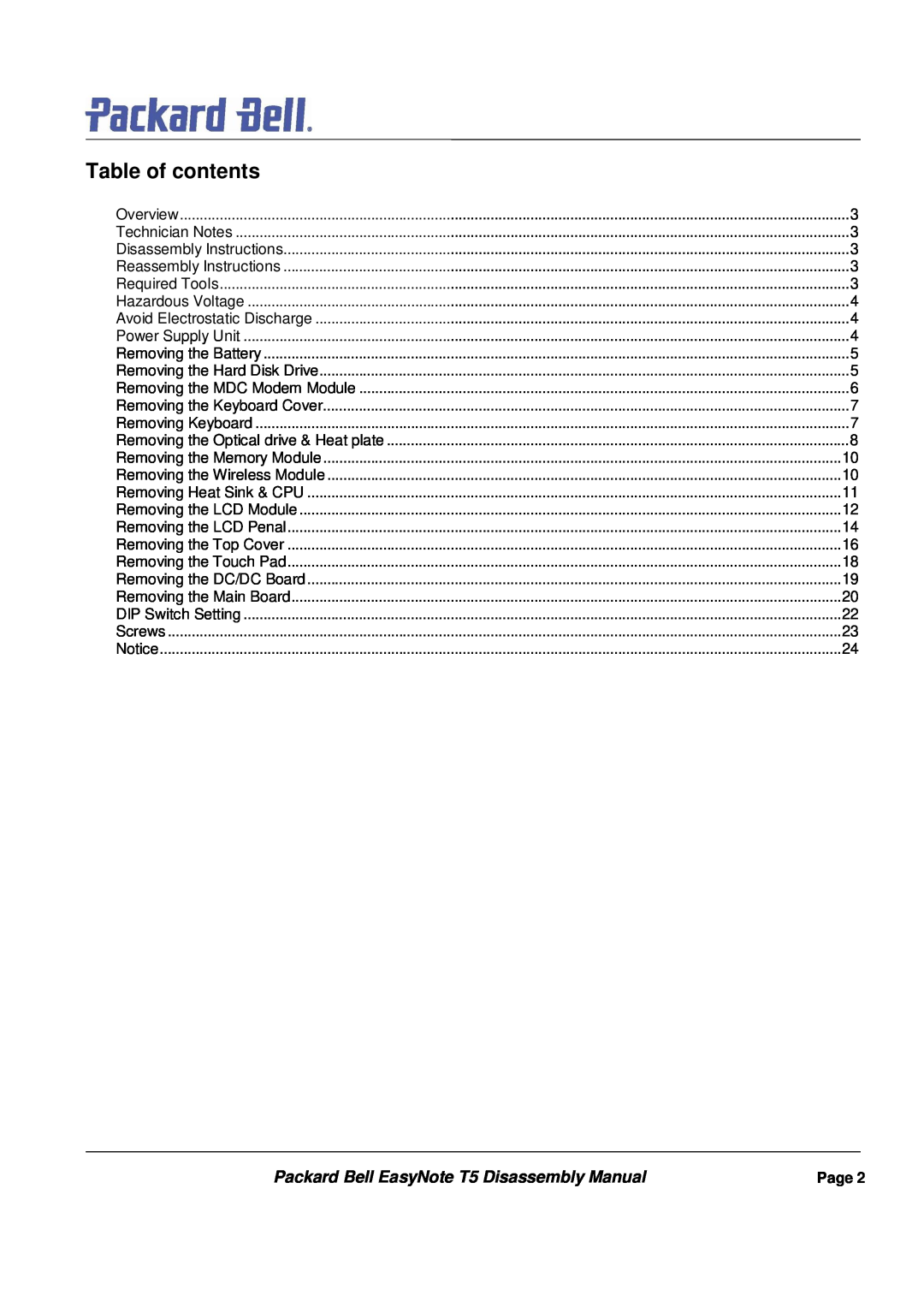 Packard Bell manual Packard Bell EasyNote T5 Disassembly Manual, Table of contents, Page 
