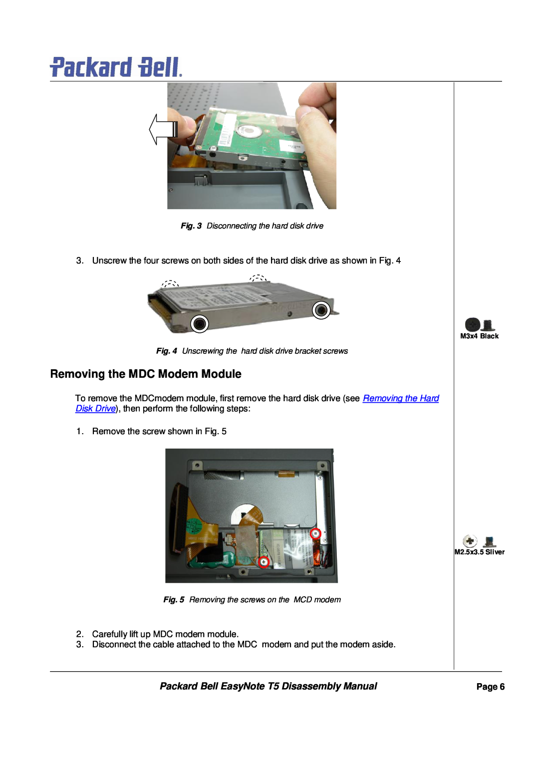 Packard Bell manual Removing the MDC Modem Module, Packard Bell EasyNote T5 Disassembly Manual 