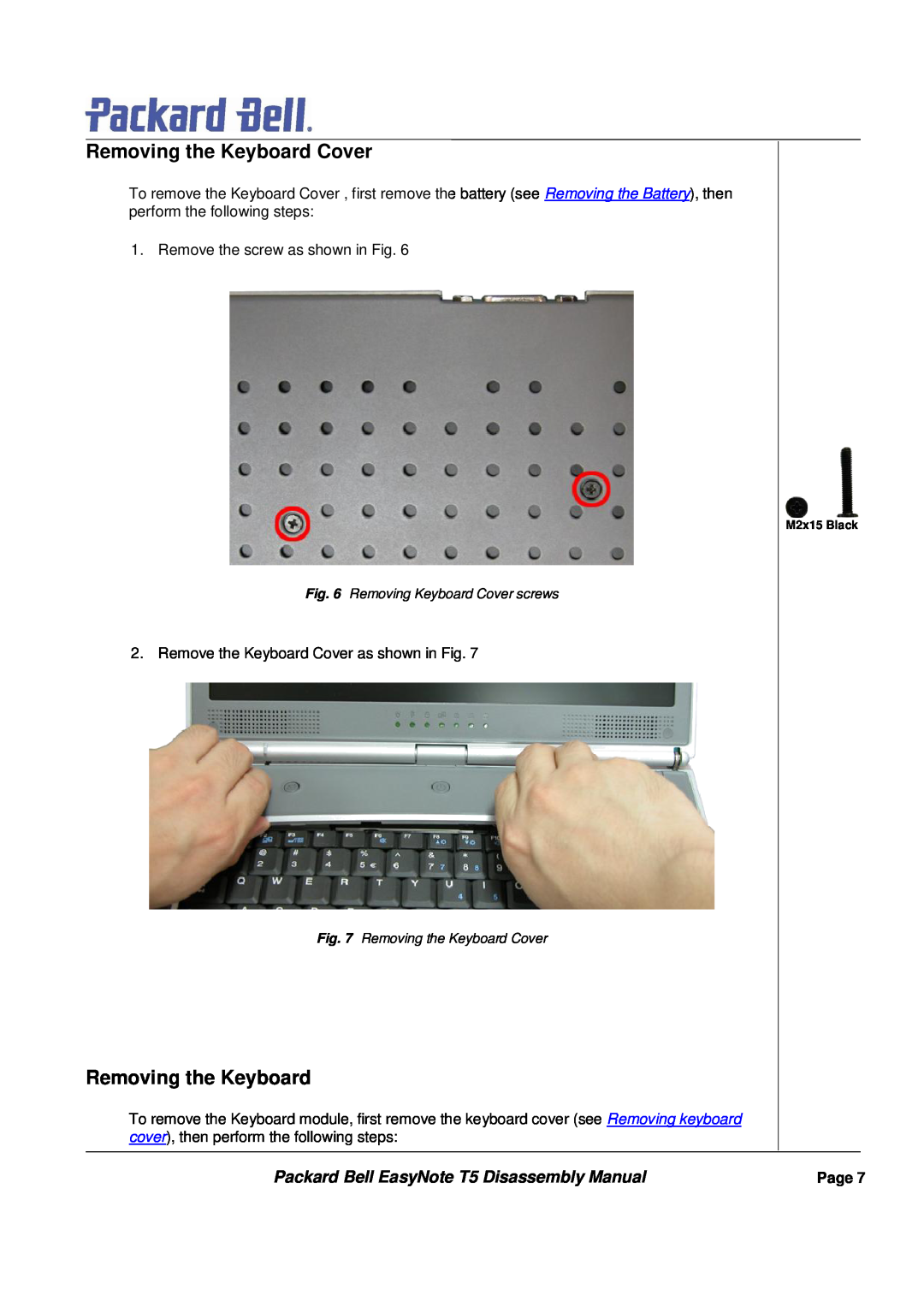 Packard Bell manual Removing the Keyboard Cover, Packard Bell EasyNote T5 Disassembly Manual 