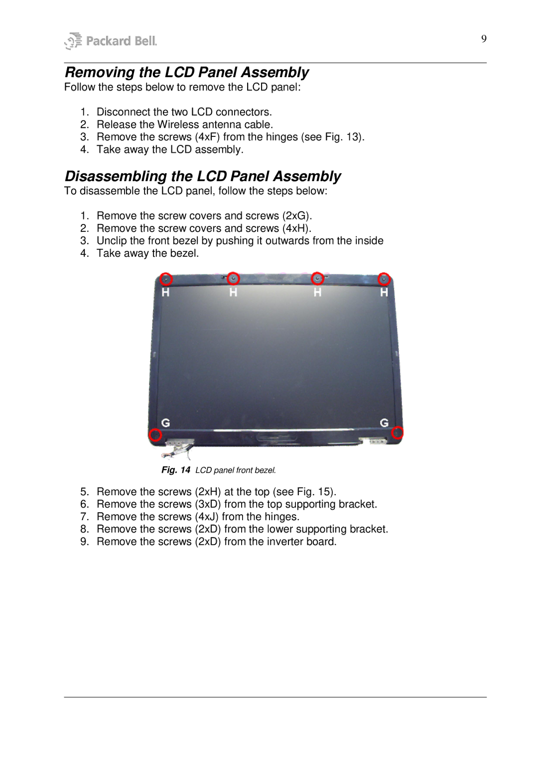 Packard Bell W7 manual Removing the LCD Panel Assembly, Disassembling the LCD Panel Assembly 