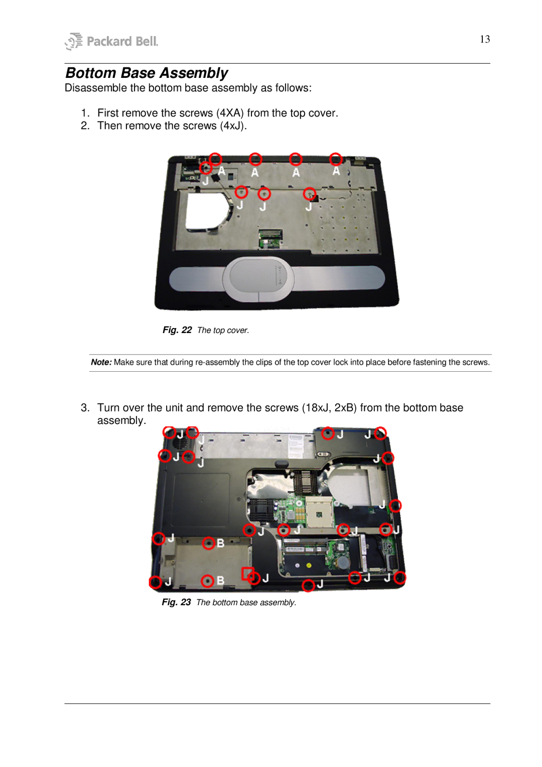 Packard Bell W7 manual Bottom Base Assembly, Top cover 