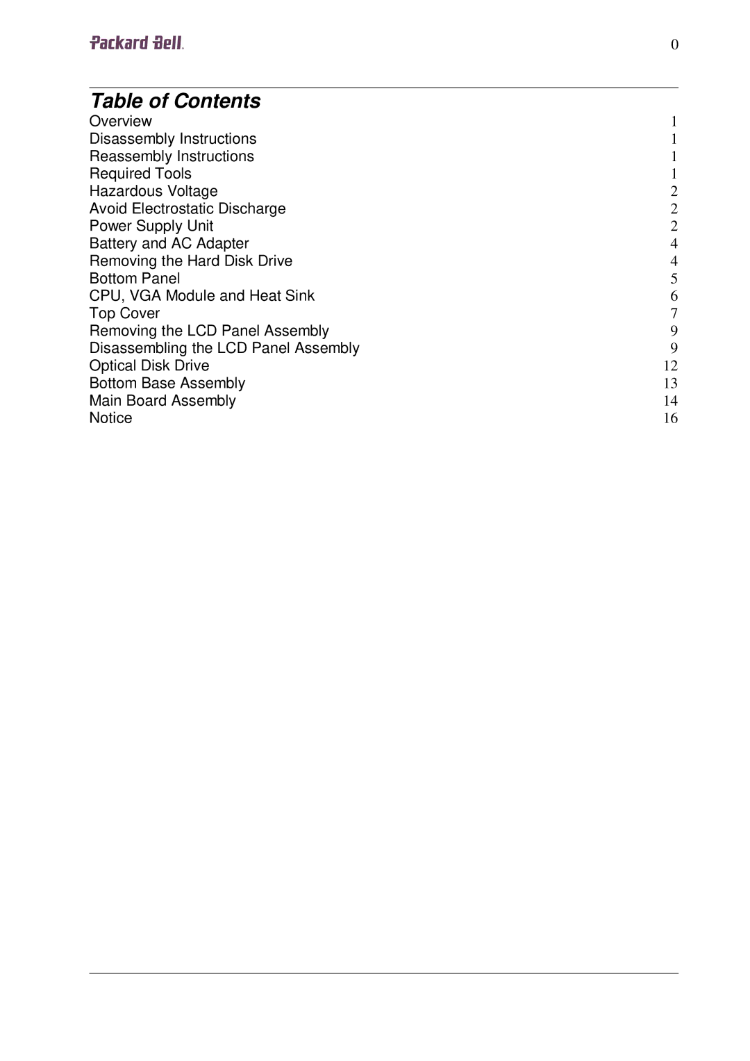 Packard Bell W7 manual Table of Contents 