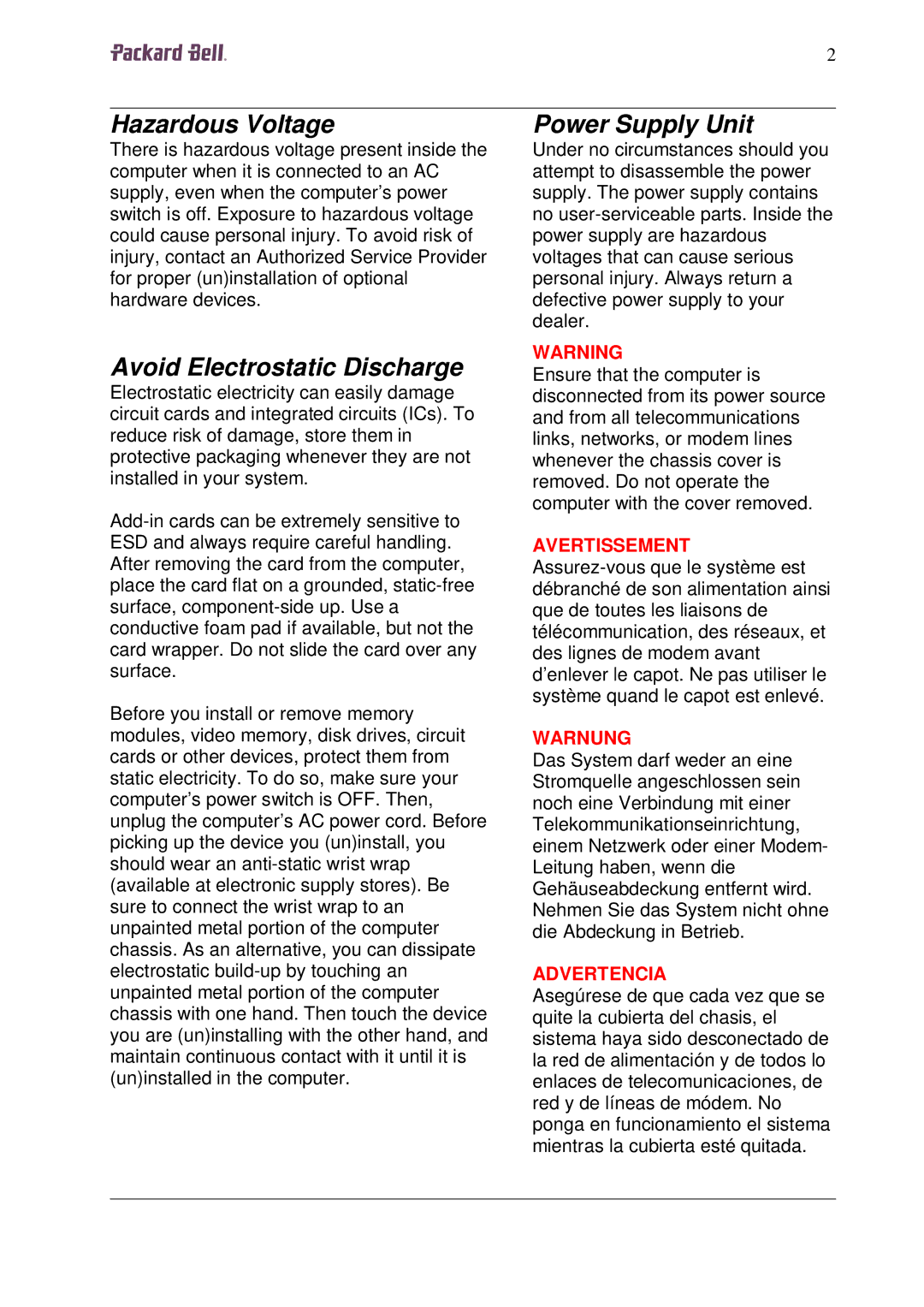 Packard Bell W7 manual Hazardous Voltage, Avoid Electrostatic Discharge, Power Supply Unit 