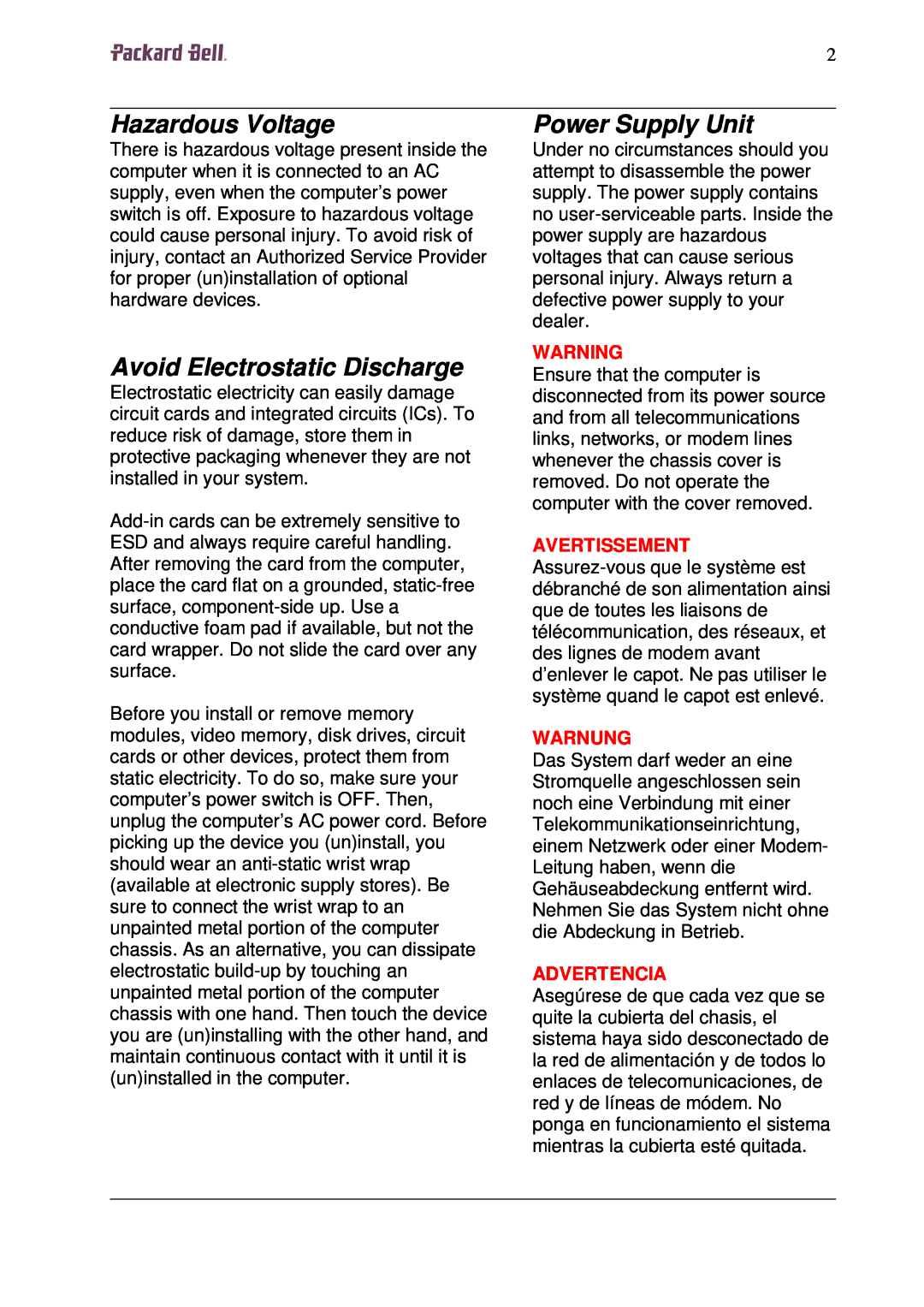 Packard Bell W7 manual Hazardous Voltage, Avoid Electrostatic Discharge, Power Supply Unit, Warnung, Advertencia 