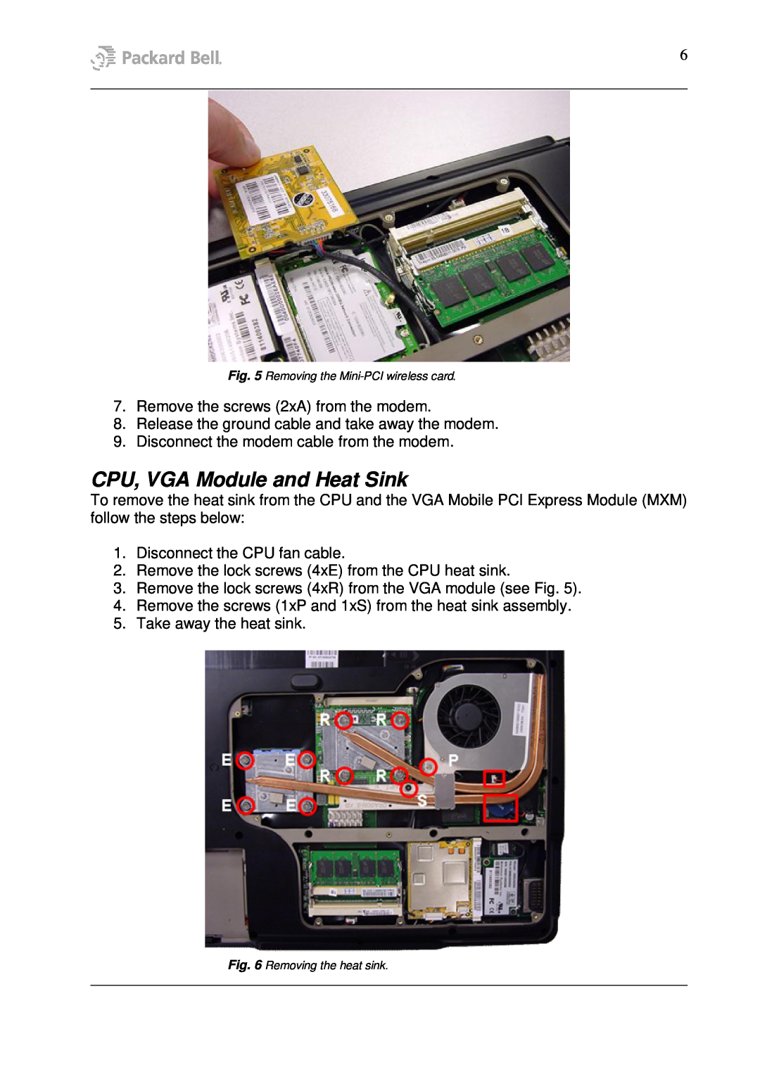 Packard Bell W7 manual CPU, VGA Module and Heat Sink 