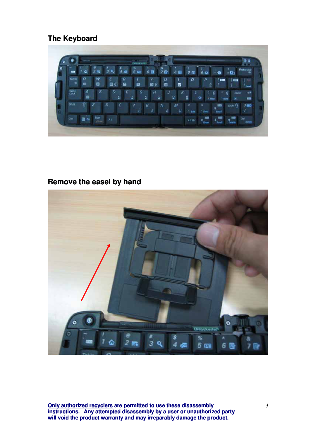 Palm 3245WW The Keyboard Remove the easel by hand, Only authorized recyclers are permitted to use these disassembly 