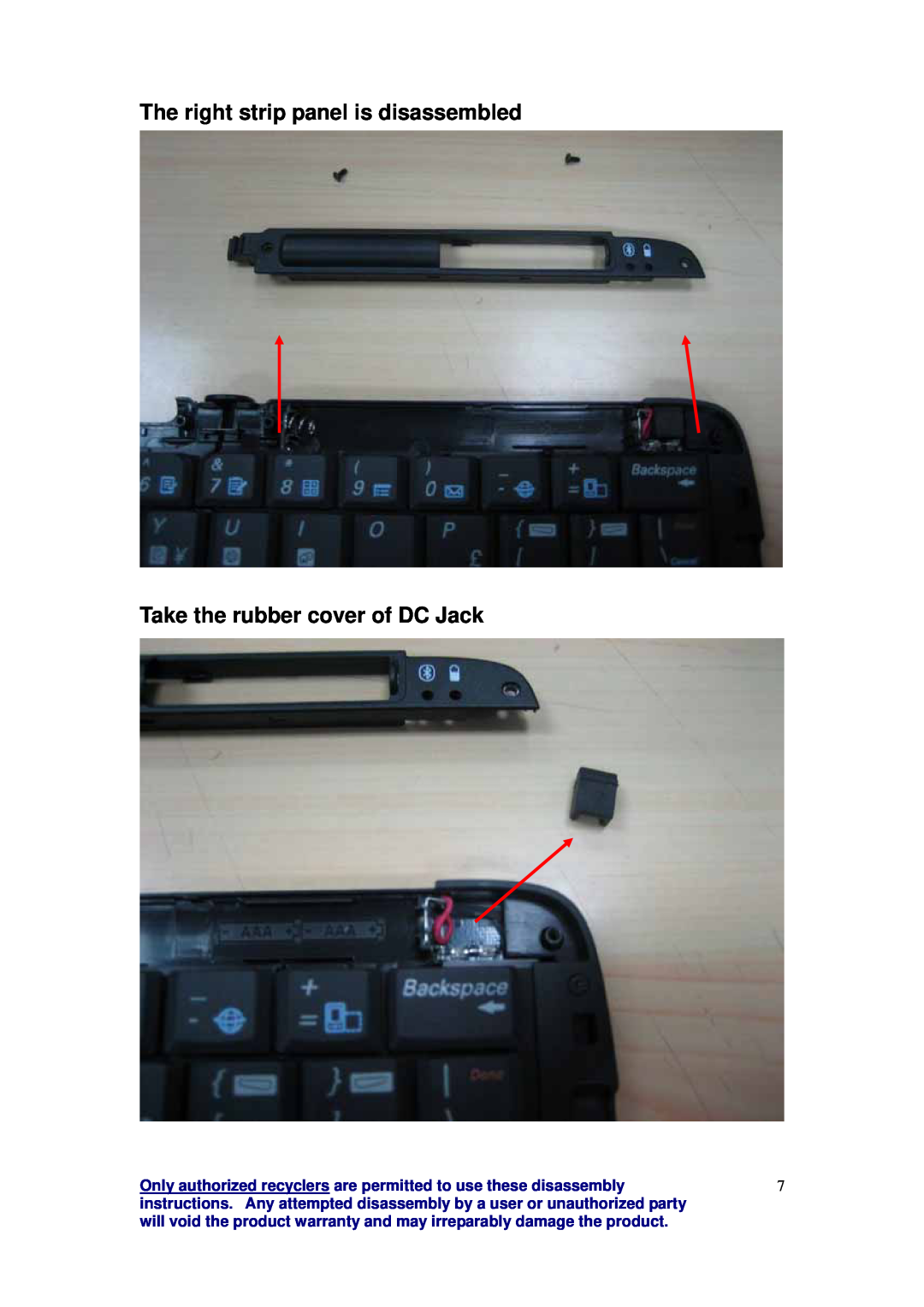 Palm 3245WW warranty The right strip panel is disassembled, Take the rubber cover of DC Jack 