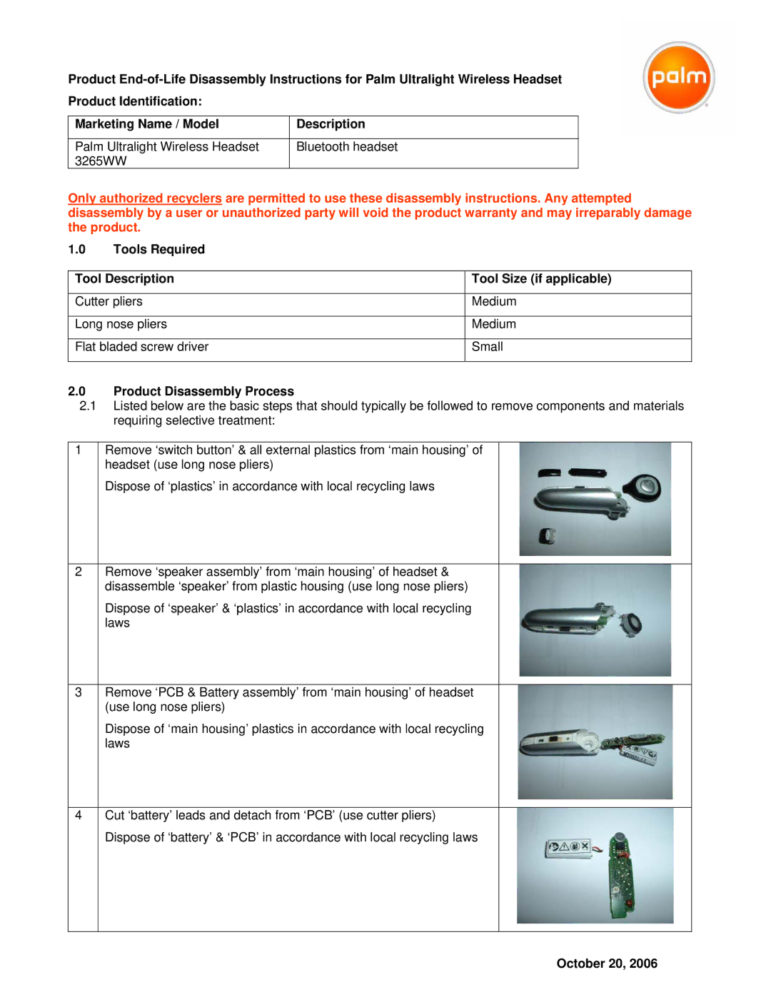 Palm 3265WW warranty Tools Required Tool Description Tool Size if applicable, Product Disassembly Process, October 20 