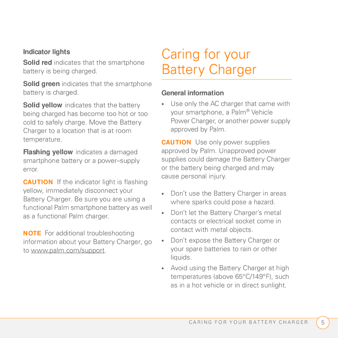 Palm 3350WW manual Caring for your Battery Charger, Indicator lights, General information 