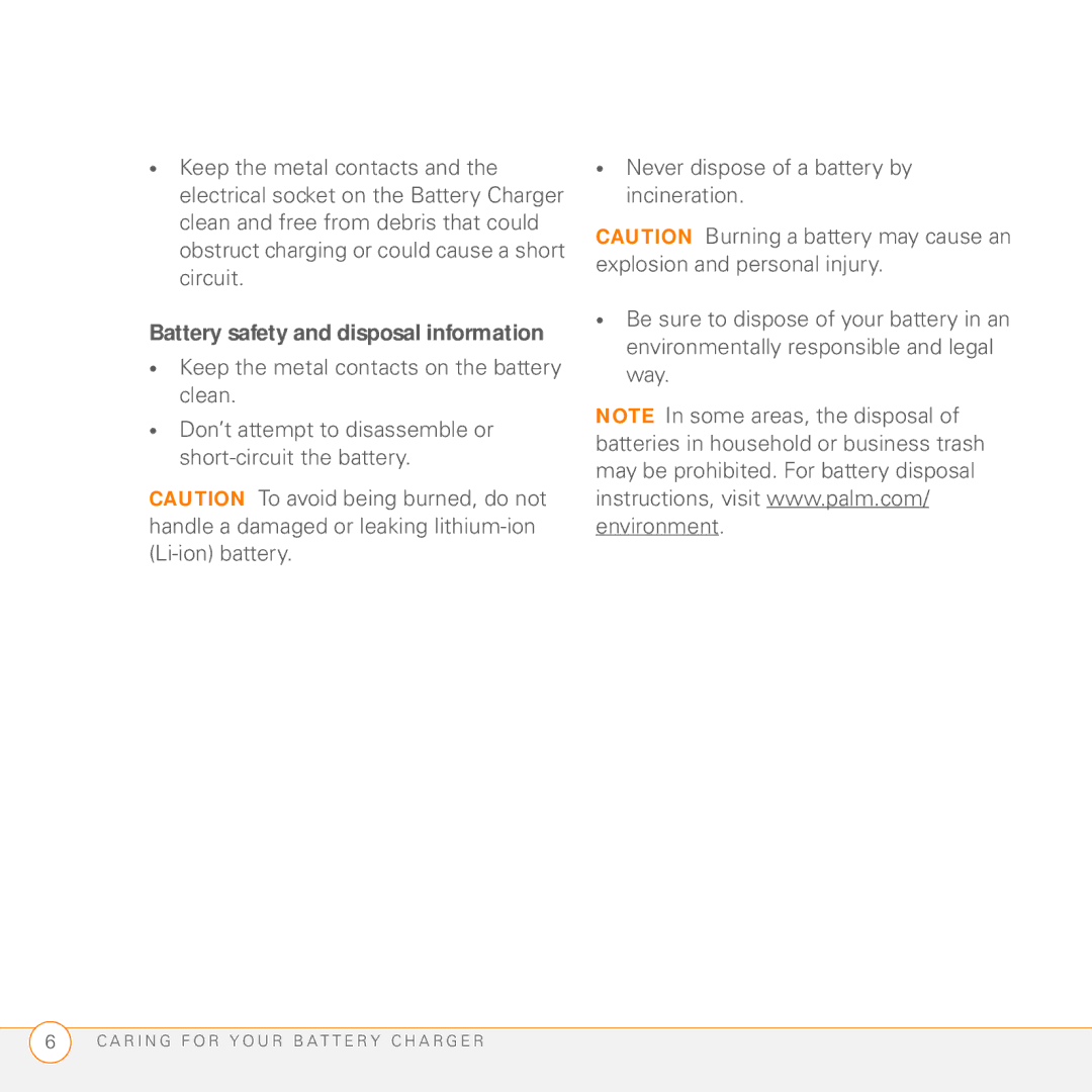 Palm 3350WW manual Battery safety and disposal information 