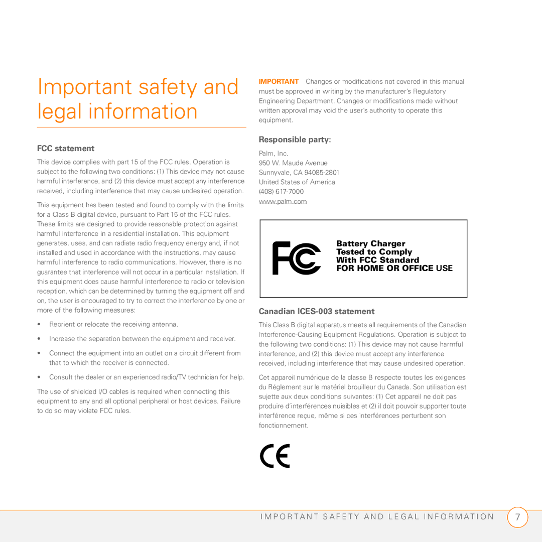 Palm 3350WW manual Important safety and legal information, FCC statement, Responsible party, Canadian ICES-003 statement 