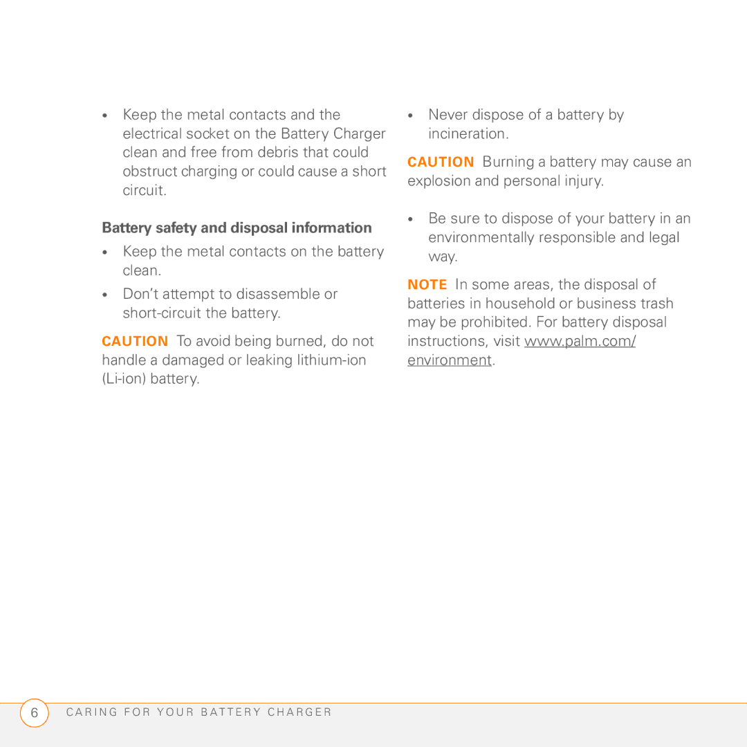 Palm 3404WW manual Battery safety and disposal information 