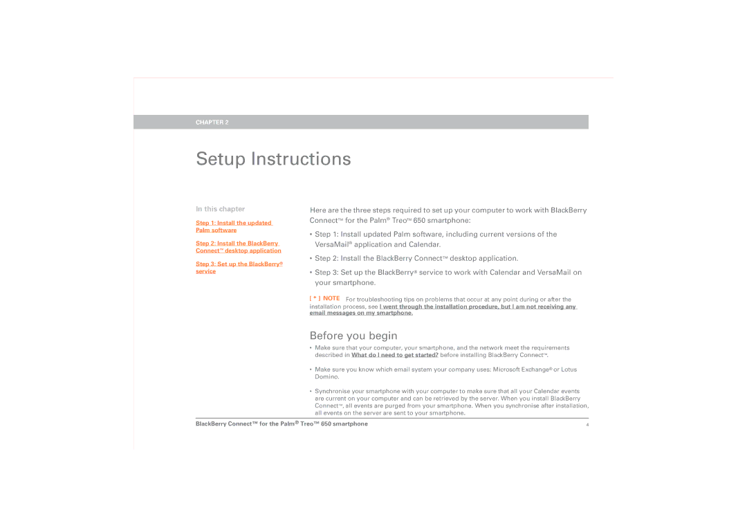 Palm 406-10618-00 setup guide Setup Instructions, Before you begin 