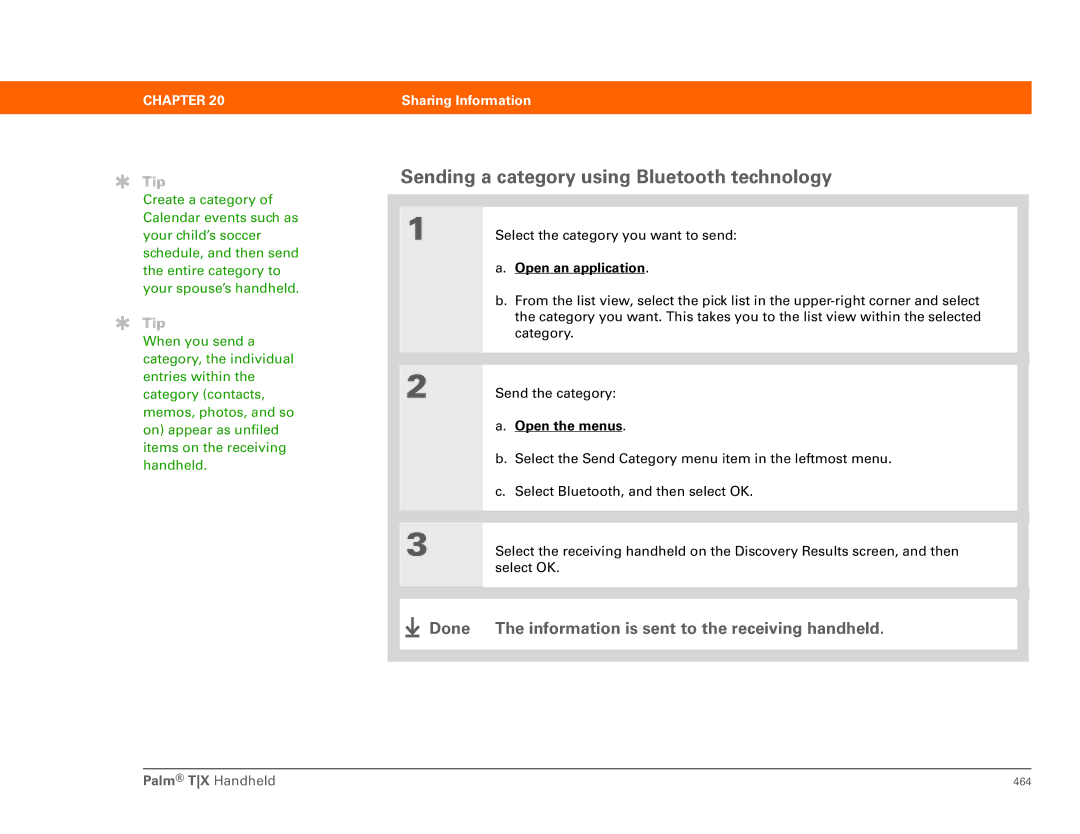 Palm 461 manual Sending a category using Bluetooth technology, Done Information is sent to the receiving handheld 