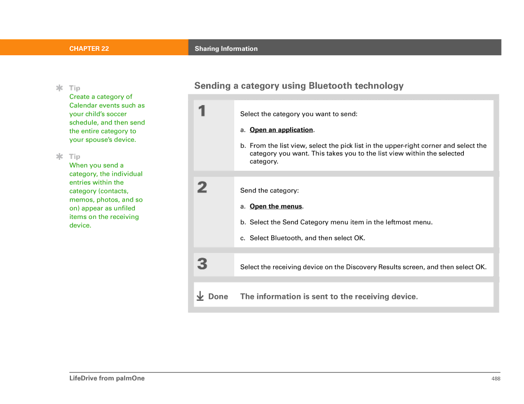 Palm 485 manual Sending a category using Bluetooth technology 