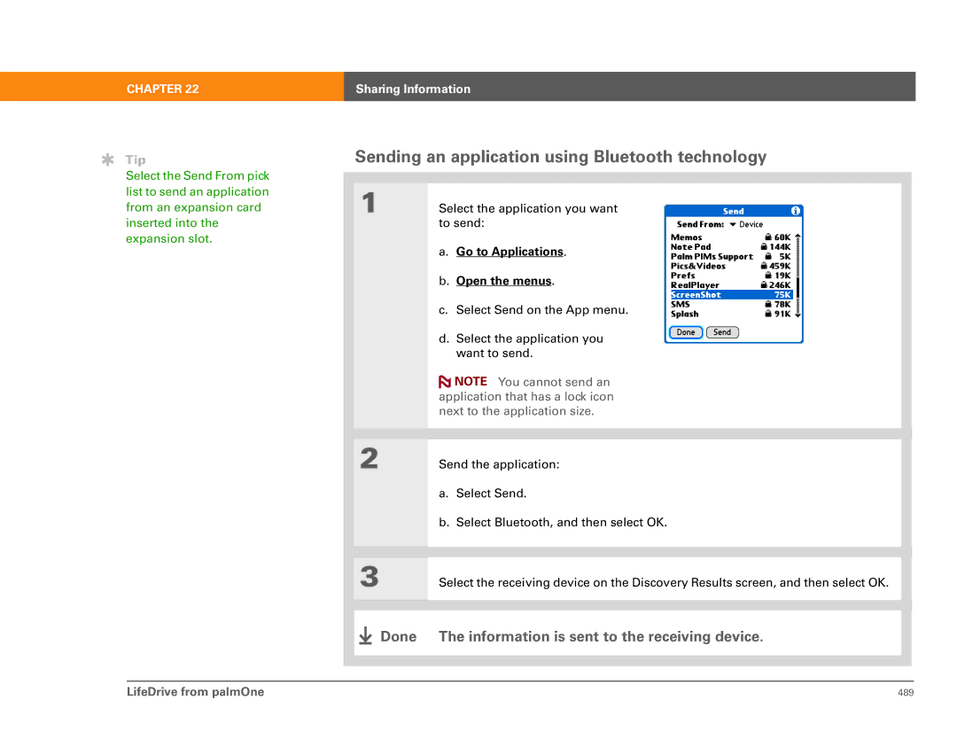 Palm 485 manual Sending an application using Bluetooth technology, Go to Applications Open the menus 