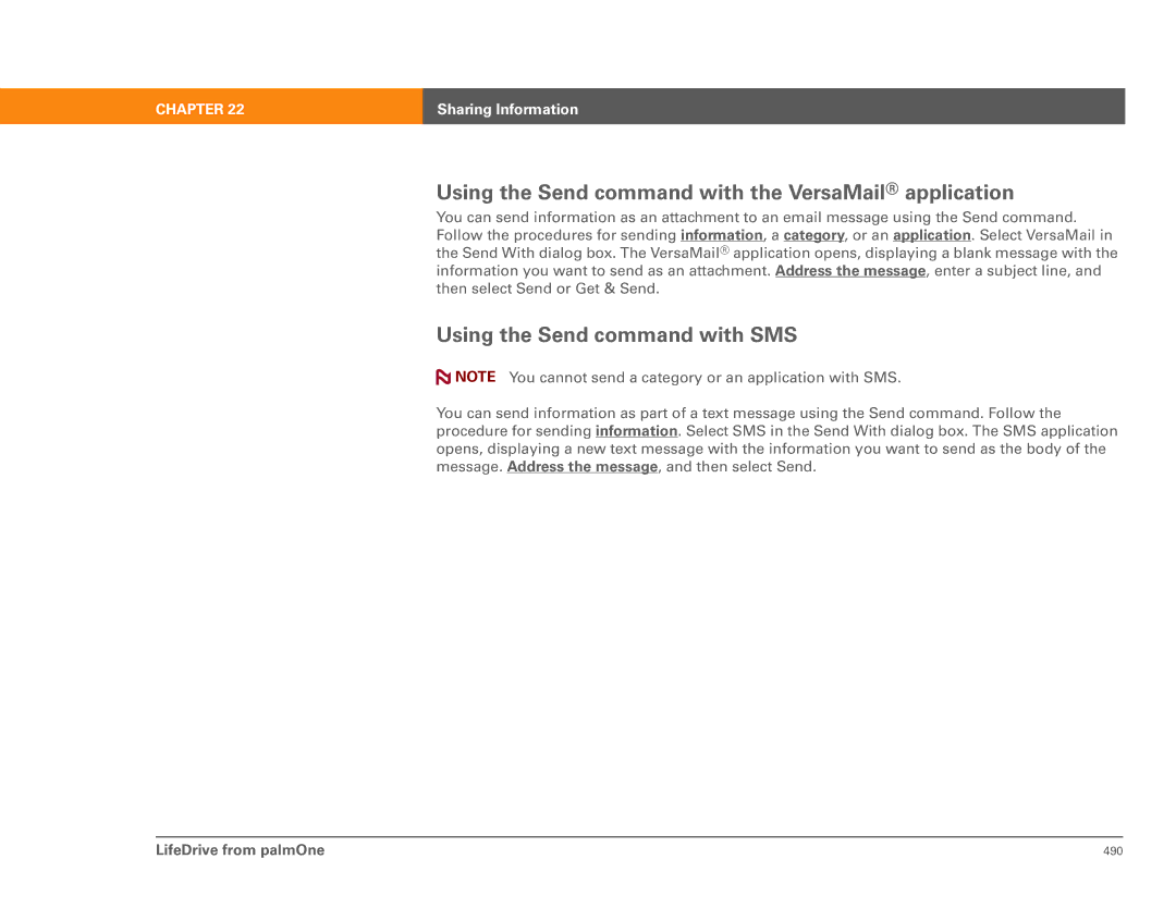 Palm 485 manual Using the Send command with the VersaMail application, Using the Send command with SMS 