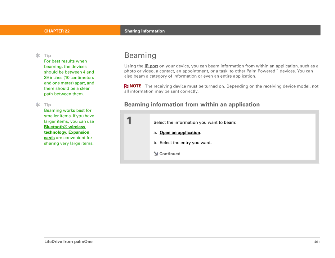 Palm 485 manual Beaming information from within an application 