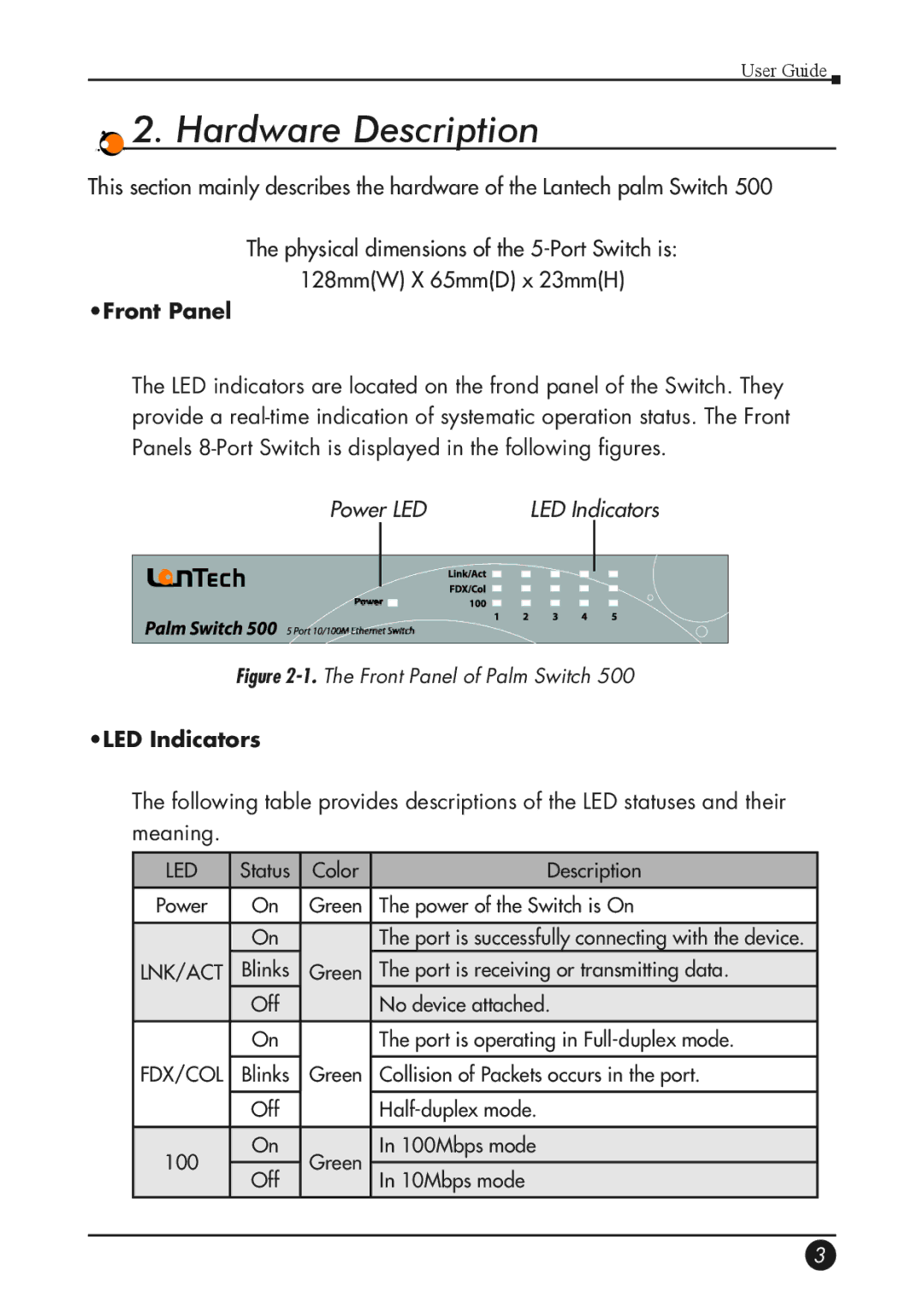 Palm 500 manual Hardware Description, Front Panel, LED Indicators 