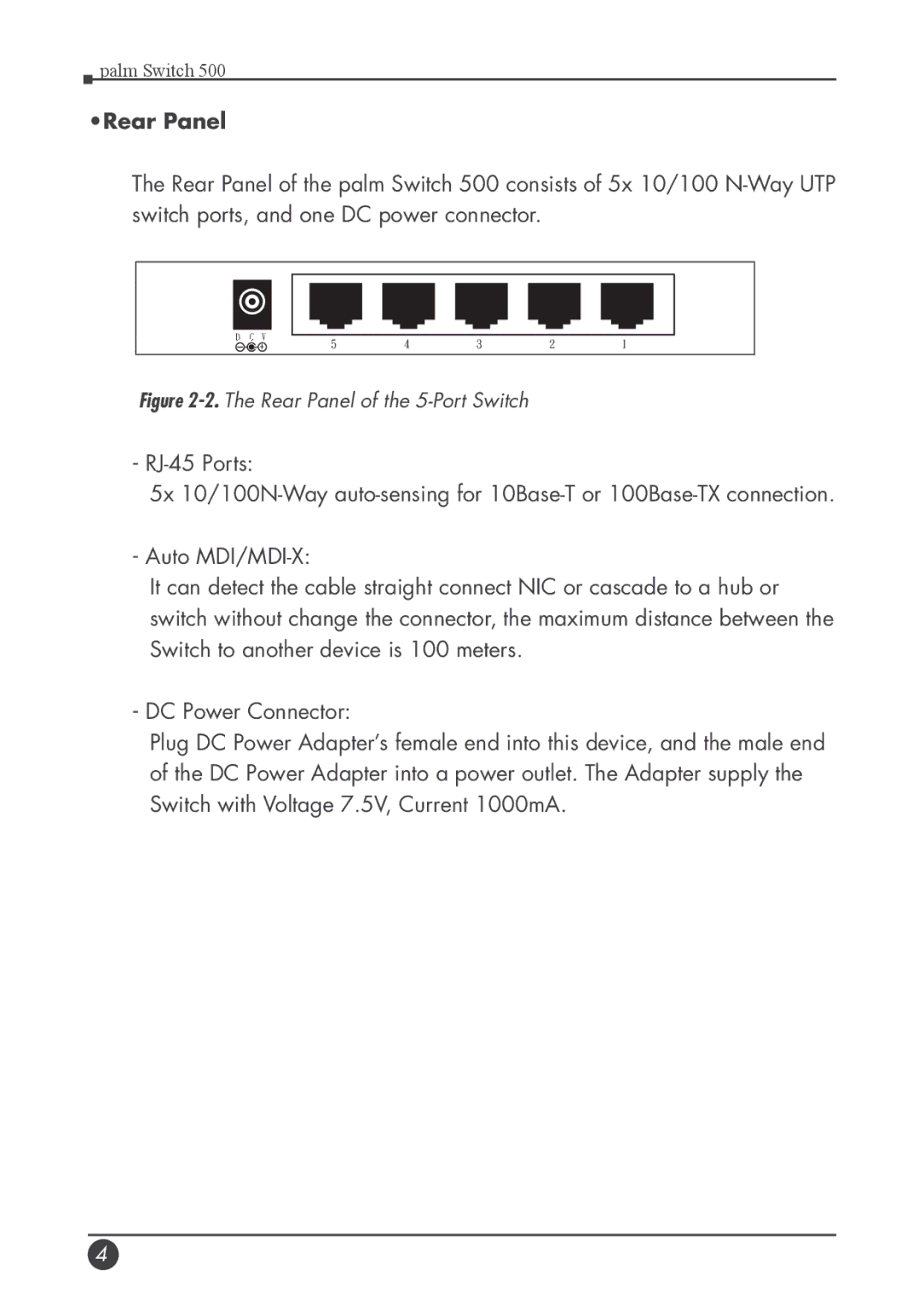 Palm 500 manual Rear Panel of the 5-Port Switch 