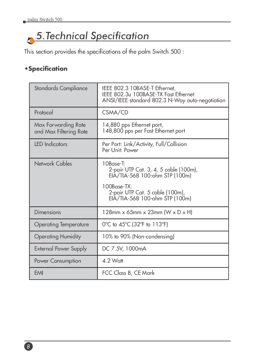 Palm 500 manual Technical Specification 